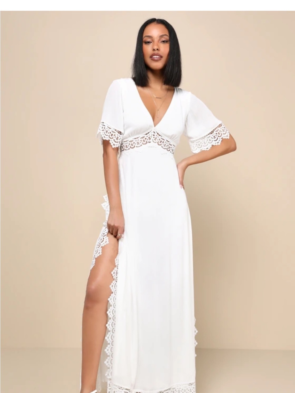 Lulu's White Lace-Trim Maxi Dress with Side Slit